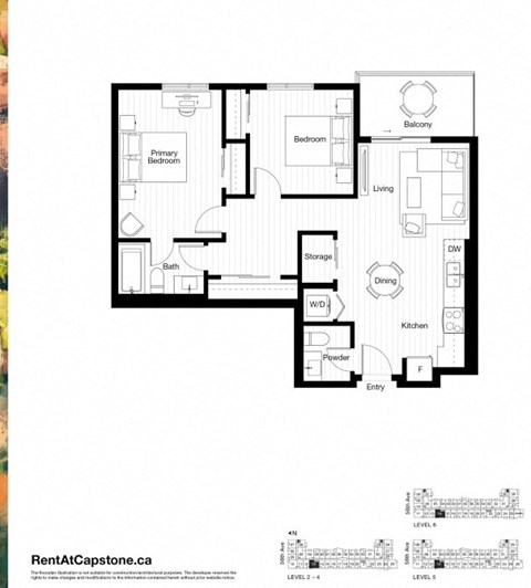 A floor plan of an apartment with a primary bedroom, bathroom, living room, dining room, kitchen, powder room, and a balcony.